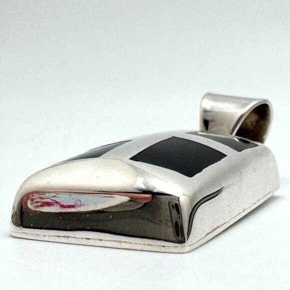 Vintage 925 Sterling Silver Black Onyx Modernist Mosaic Chunky Pendant - Picture 9 of 9